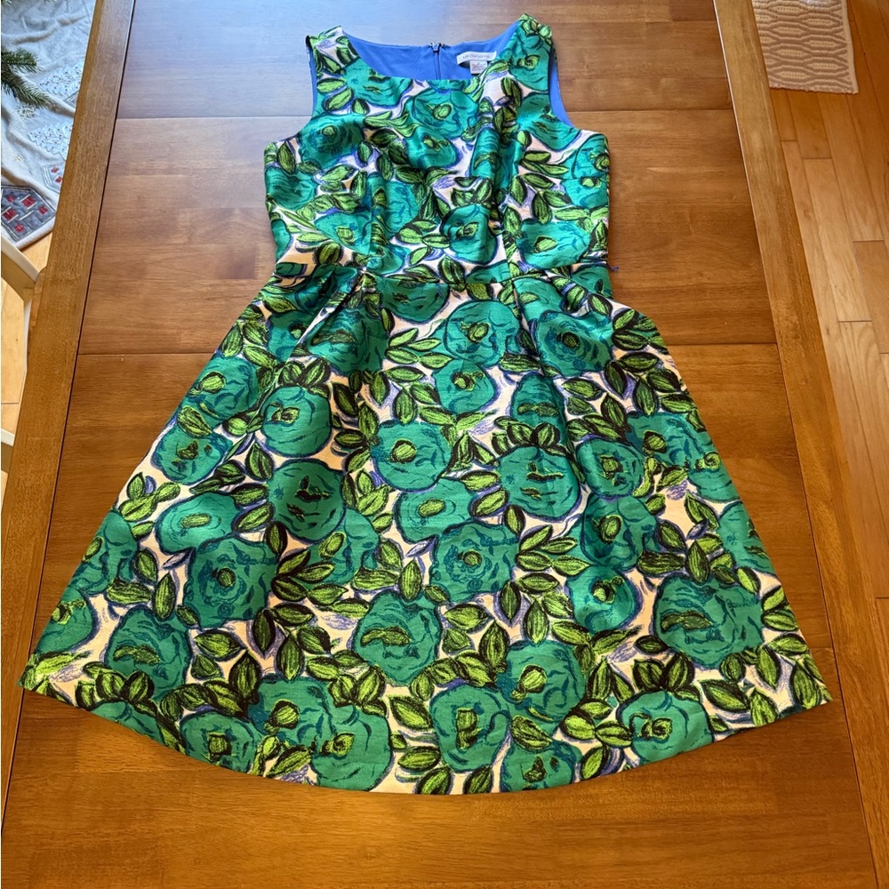 Liz Claiborne Green & Blue Floral Jacquard Fit & Flare Dress | Size 12 - Picture 2 of 12